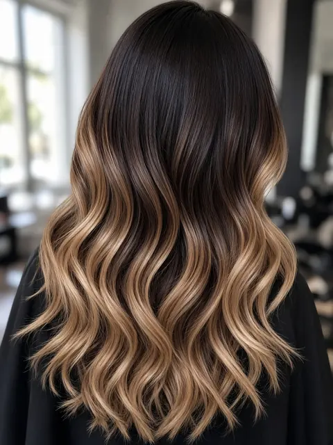 Balayage caramel sur cheveux longs ondulés