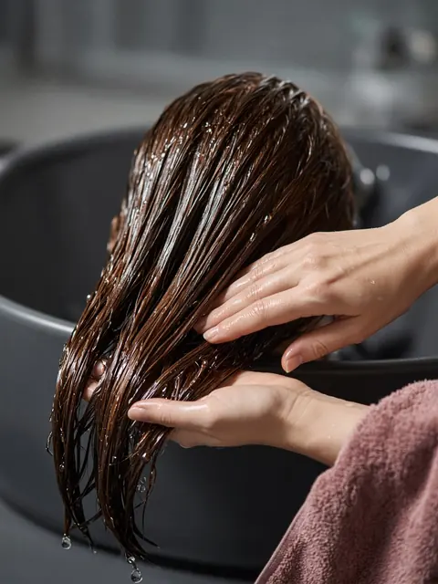 Application d'une coloration au bac de lavage